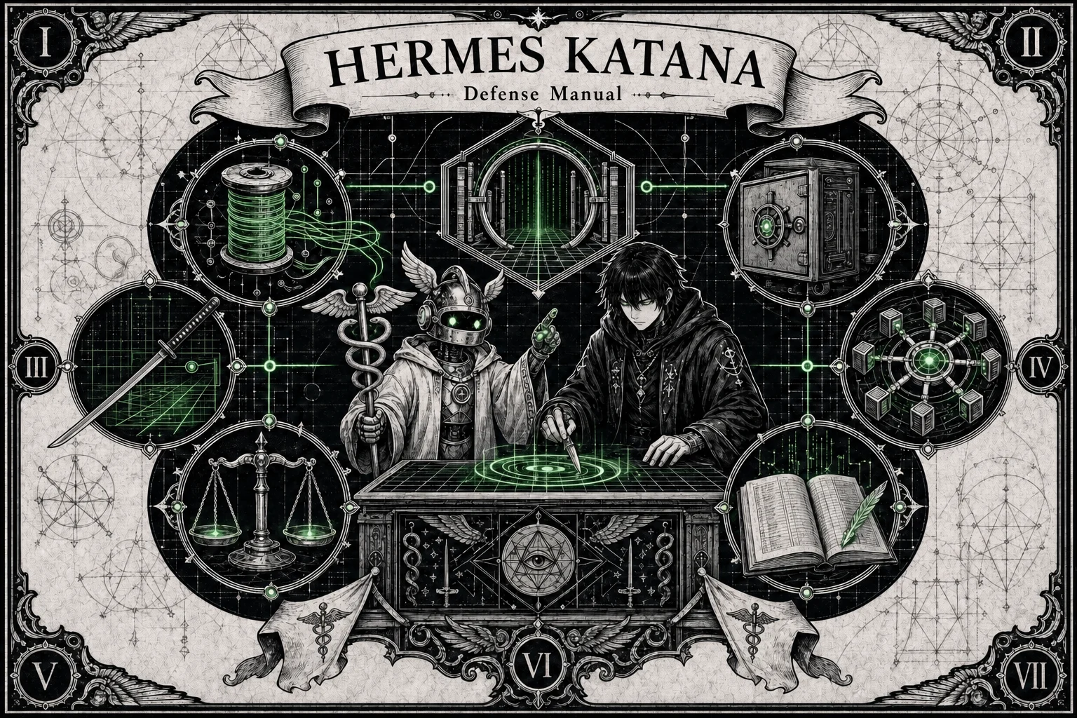 Hermes robot and black-haired operator mapping Hermes Katana defense layers