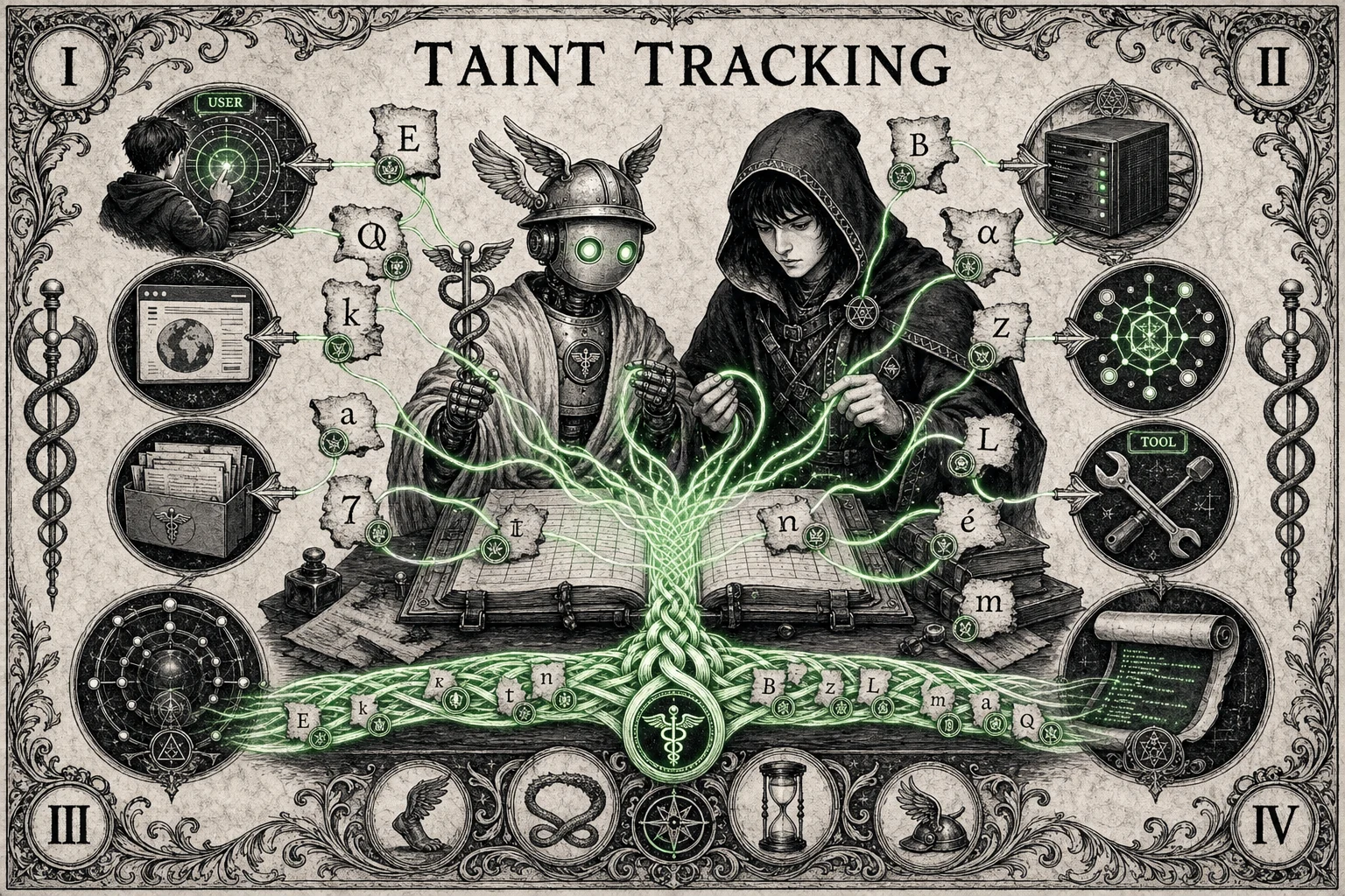 Taint tracking infographic with provenance threads and Hermes operator