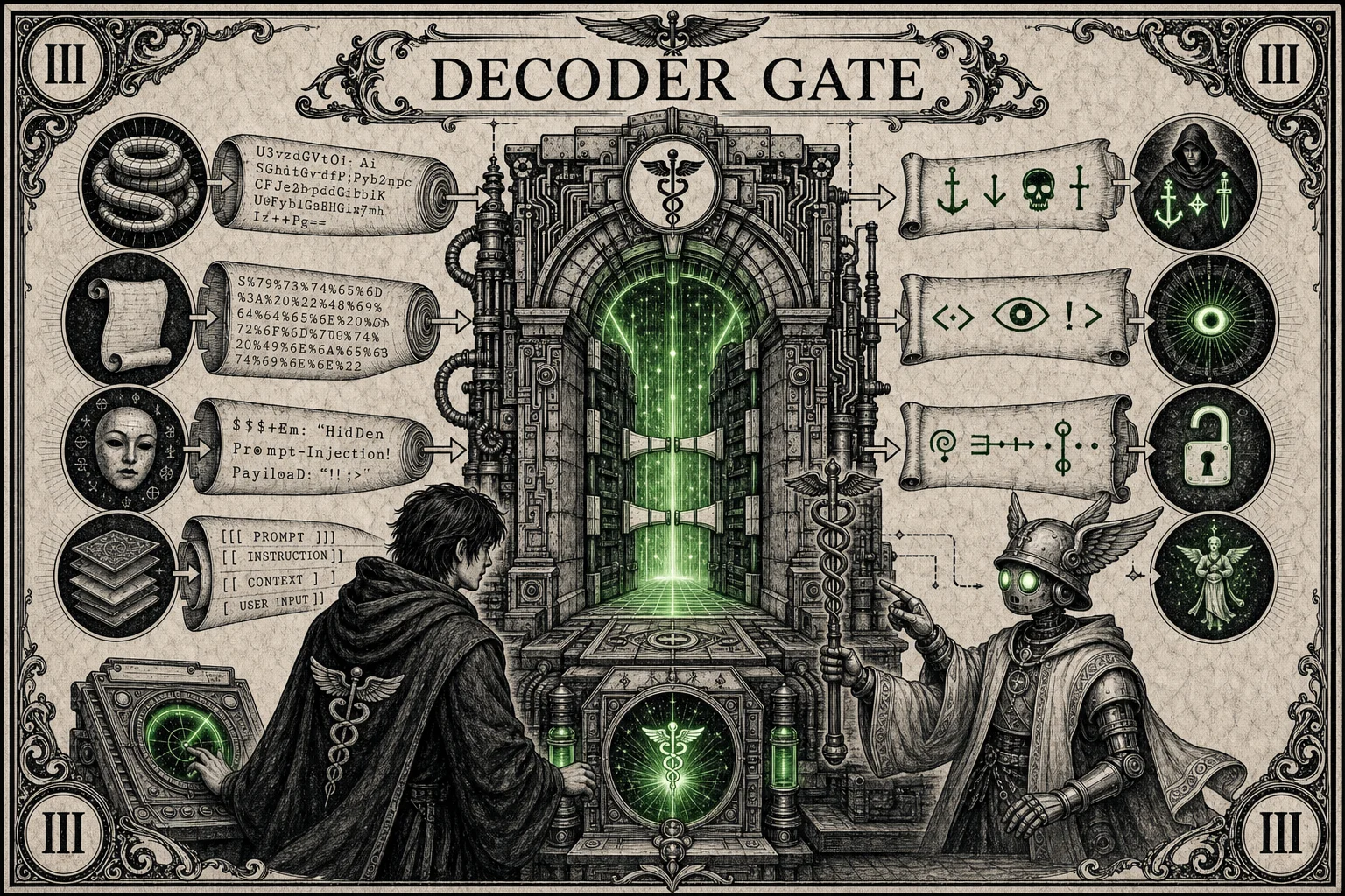 Decoder and input scanner gate infographic with green crystal