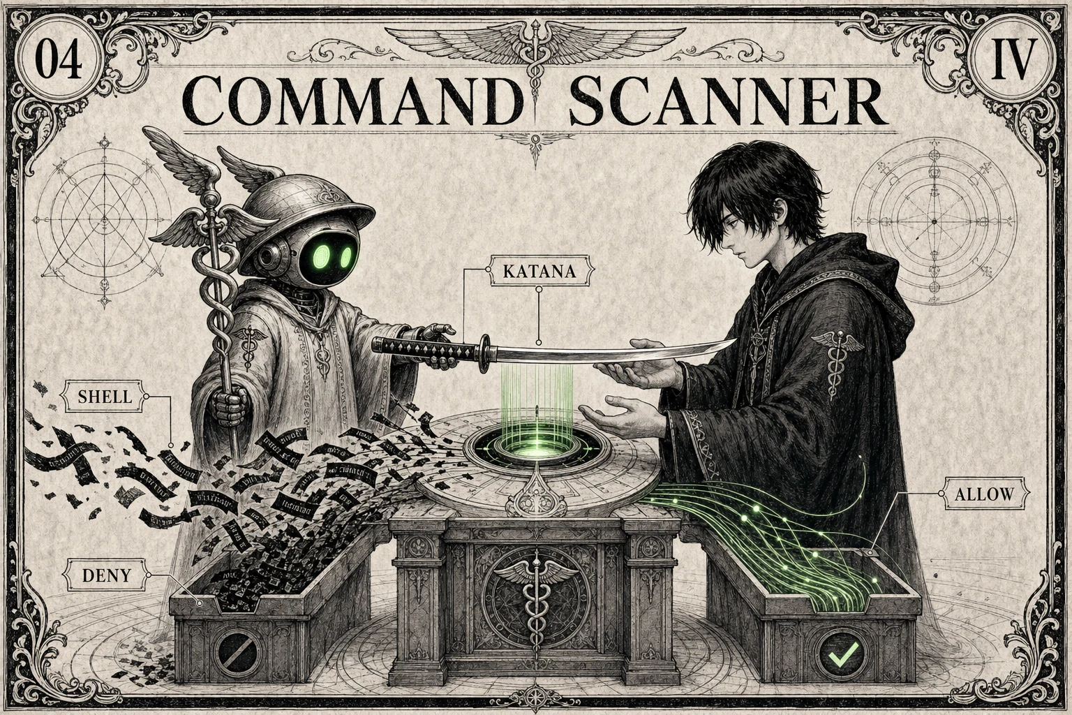 Hermes robot handing a slim katana to the operator for command scanning