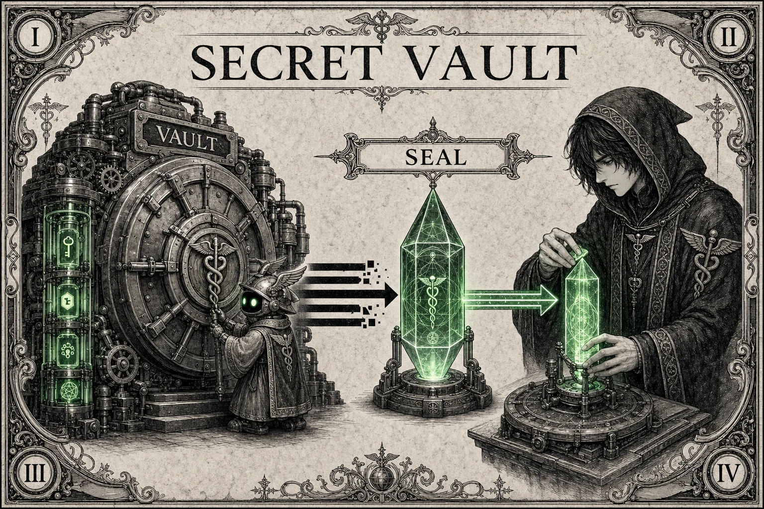 Secret vault infographic with sealed green crystal and operator