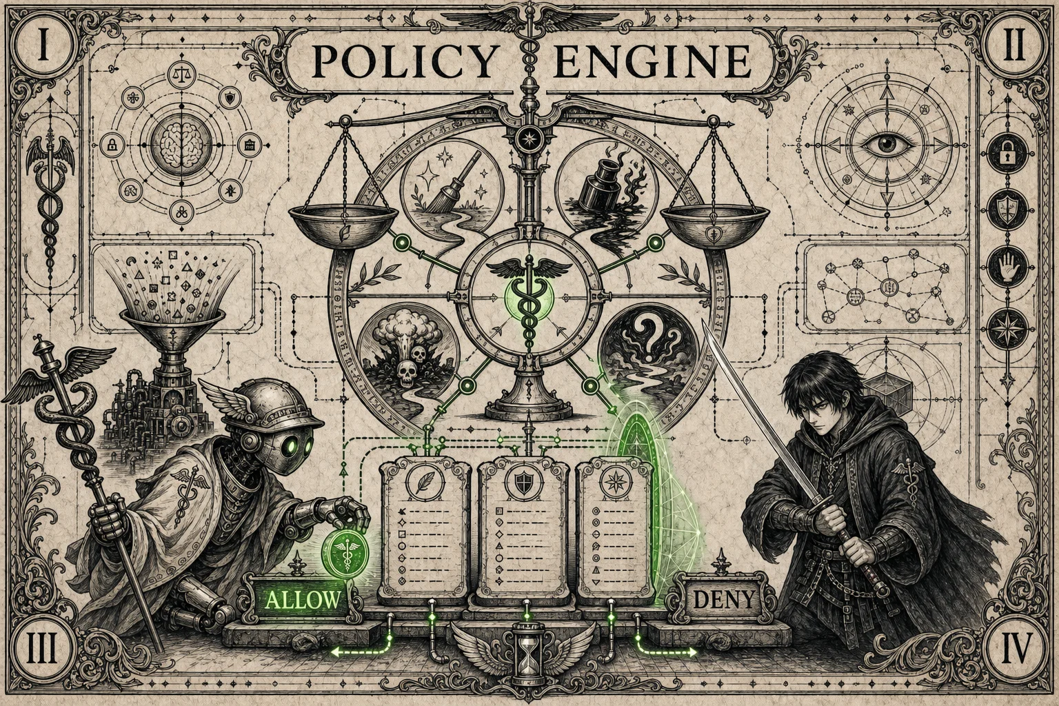 Policy engine infographic with scales, YAML scrolls, and Hermes operator