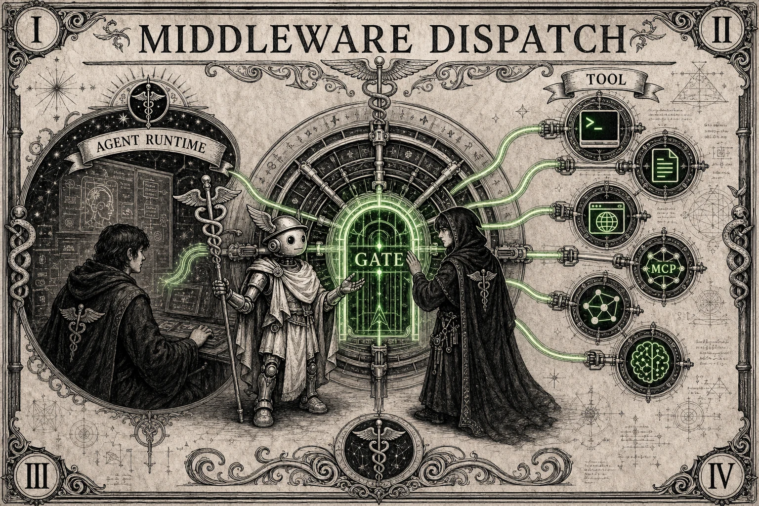 Middleware dispatch infographic with Hermes and operator watching tool calls pass through a gate