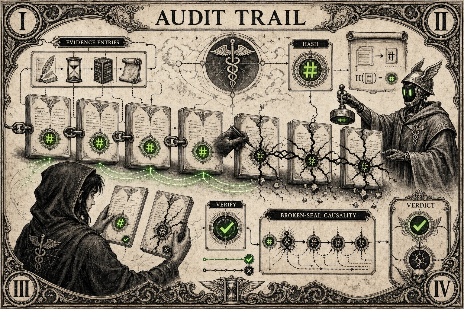 Audit trail infographic with chained ledger records and green verification marks