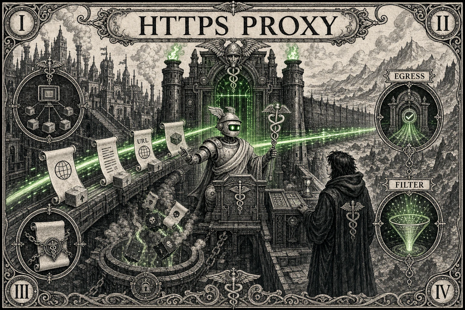 HTTPS proxy infographic with network gate and filtered outbound data