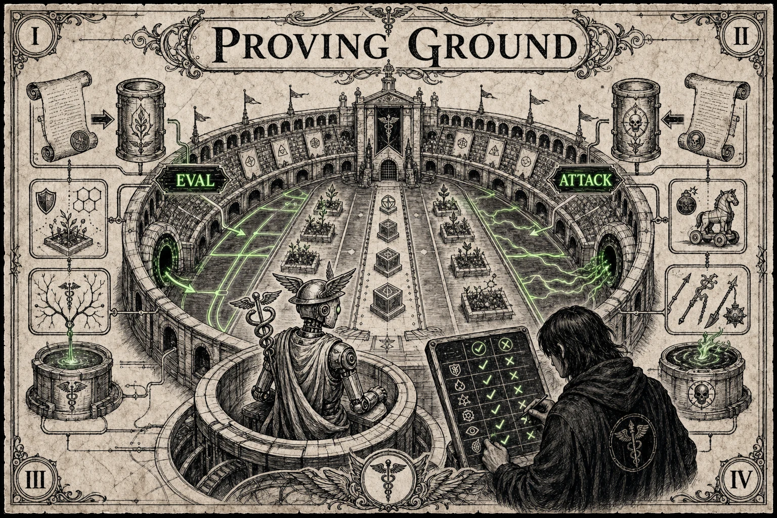 Proving Ground infographic with controlled adversarial evaluation arena