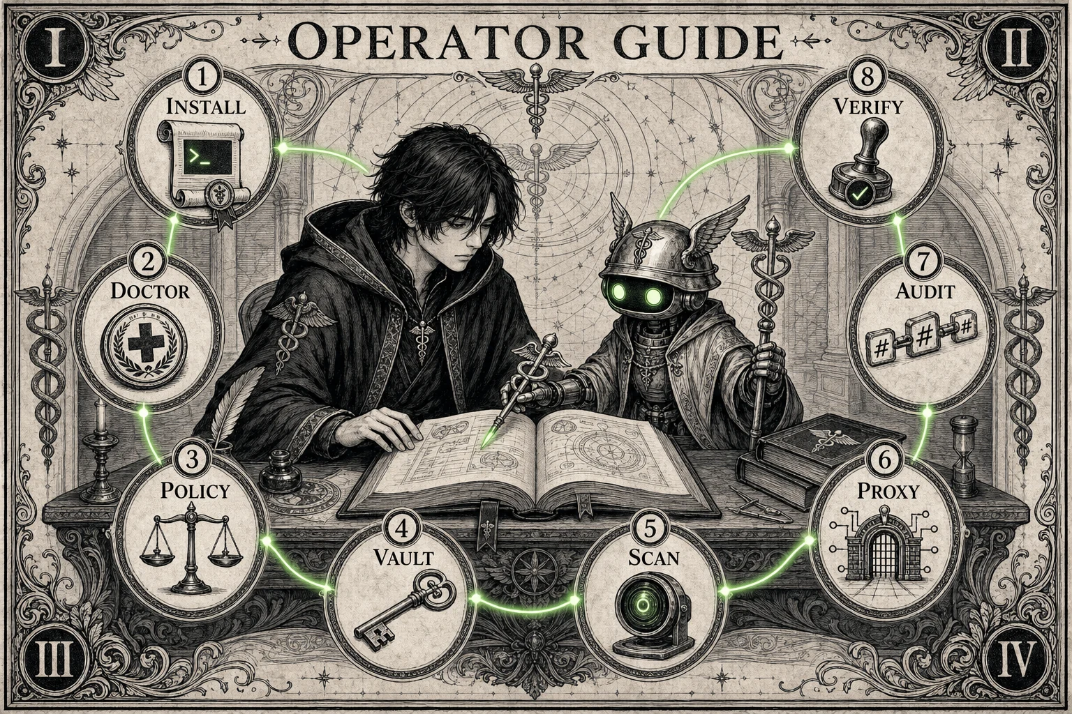 Operator guide infographic showing the Hermes Katana V3 workflow steps